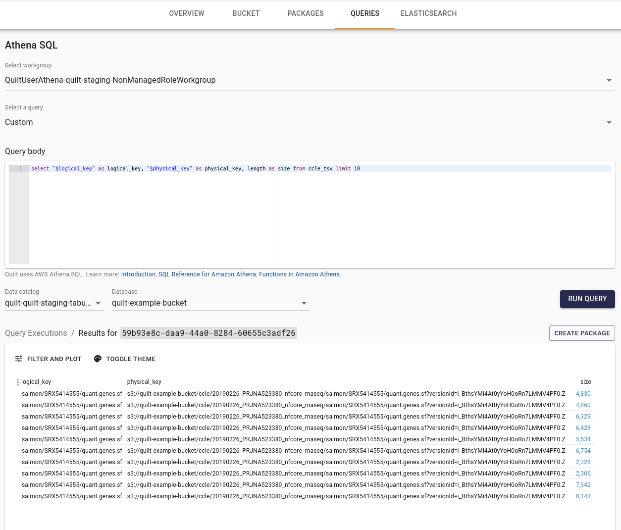 Athena page with results ready to be packaged