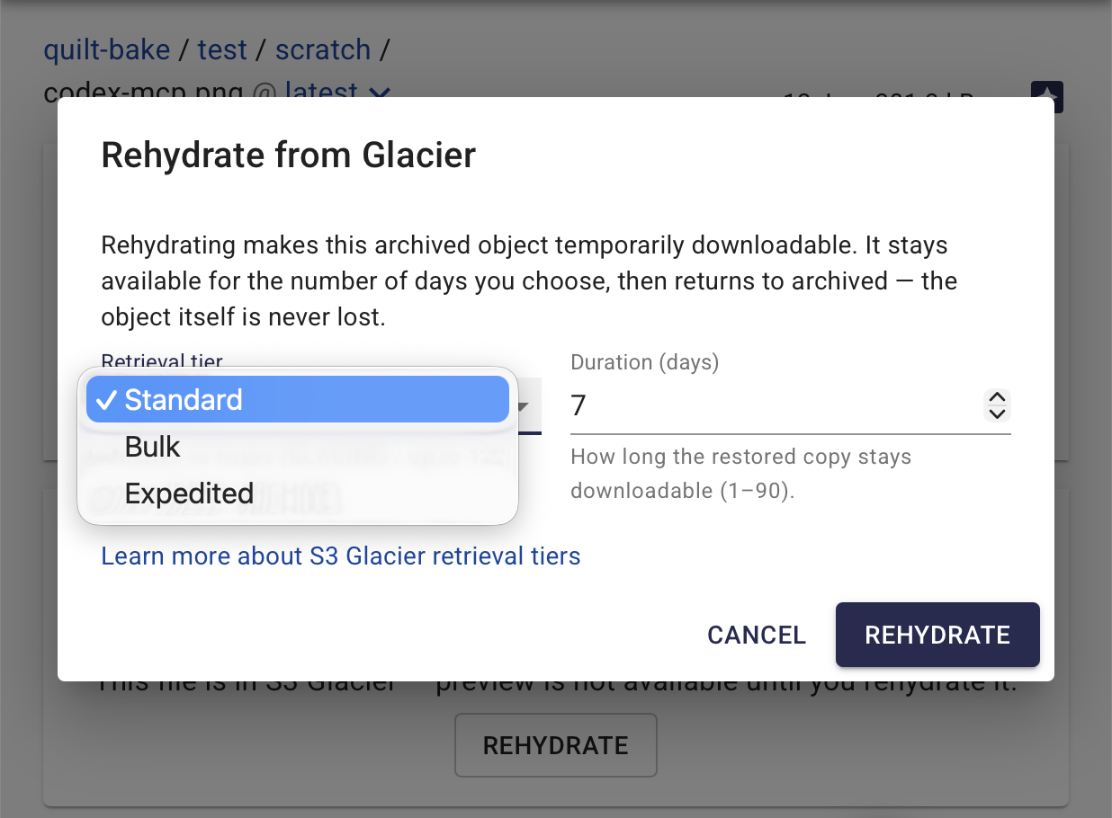 Rehydrate from Glacier dialog with retrieval tier and
duration