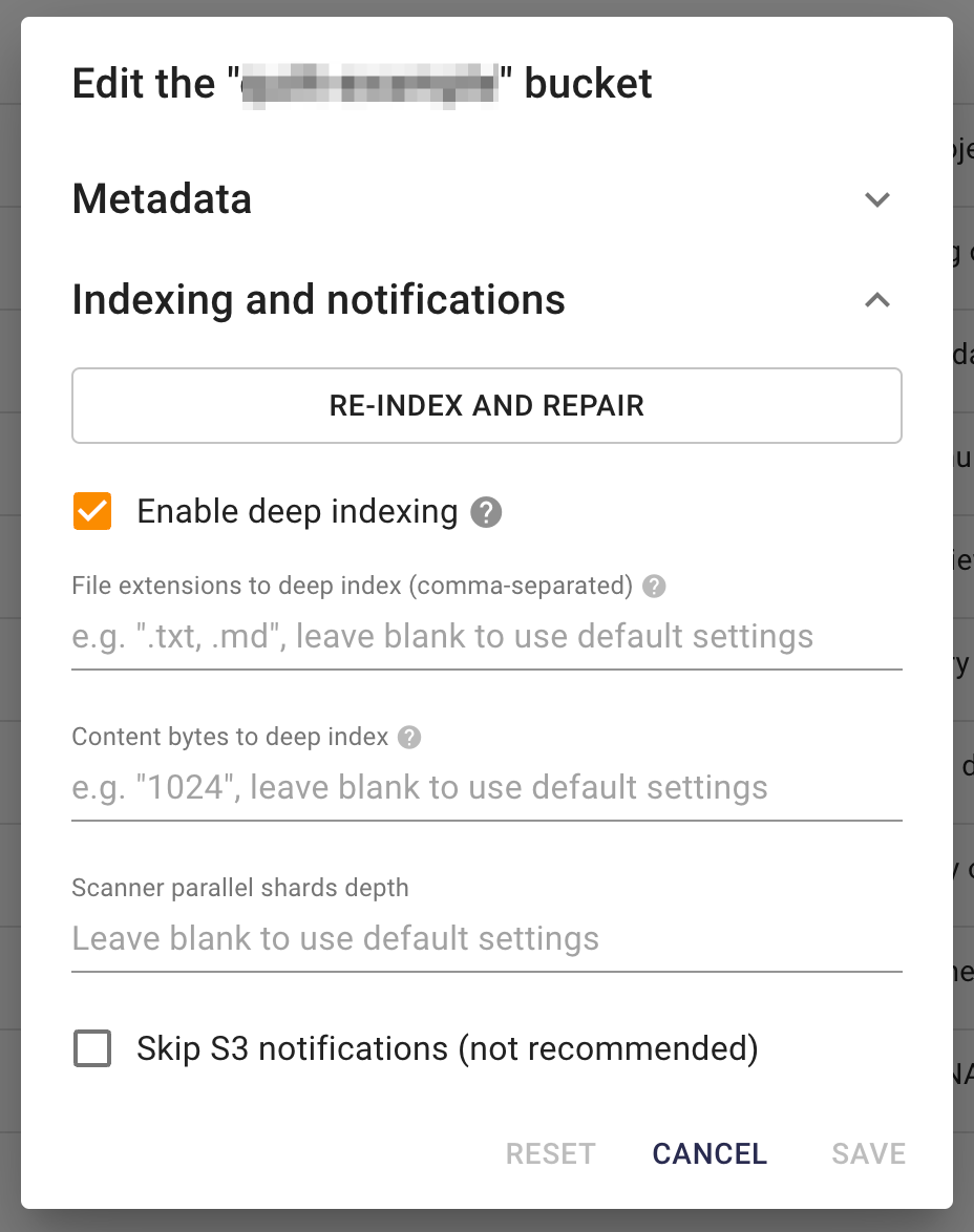 Example of Admin Bucket indexing options