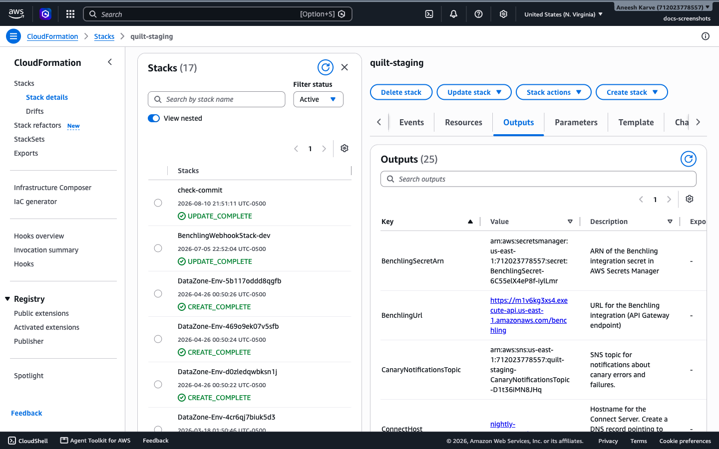 Stack outputs page
