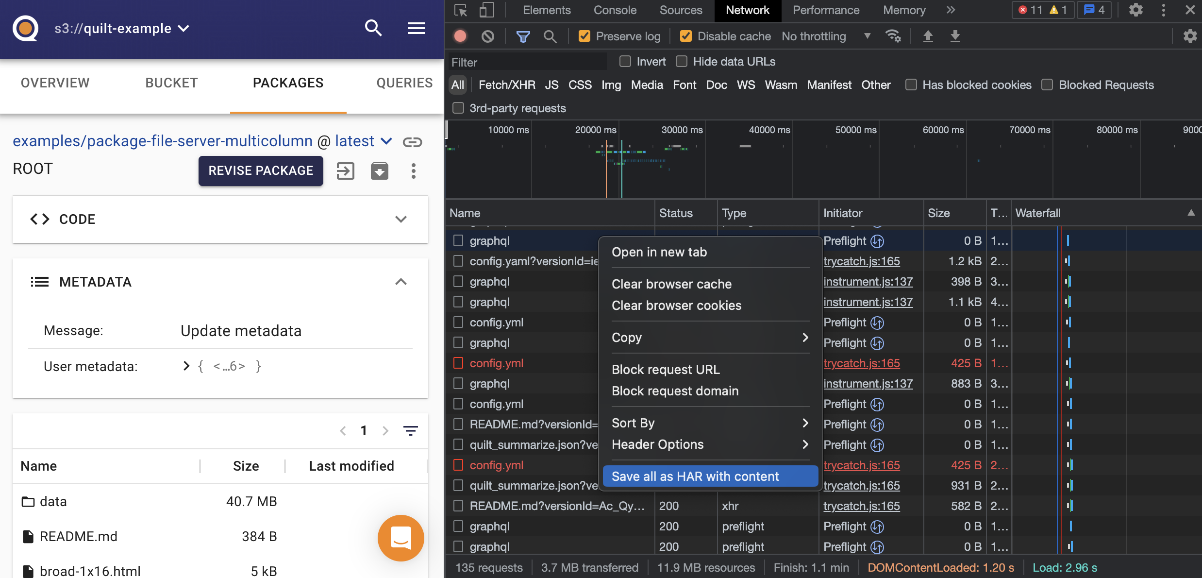 Save browser Network error logs as HAR
 content